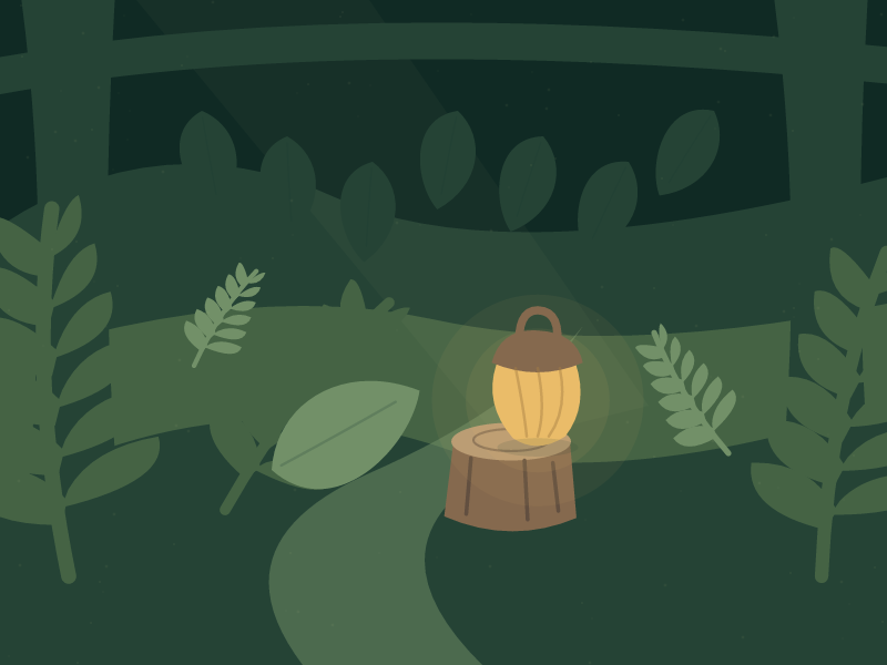 Nib and a warm lantern in the illustrated Mosslight Woods