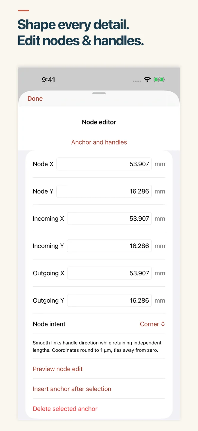 InkCut node editor showing anchor and incoming and outgoing handle coordinates in millimeters.